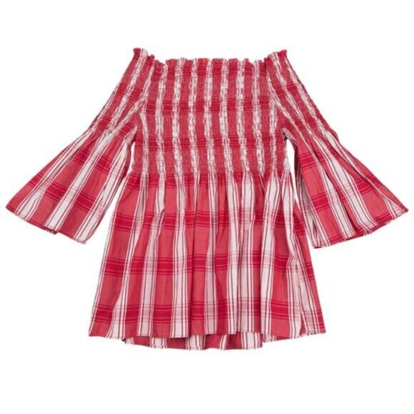 NWT ZARA Off the Shoulder Bell Sleeve Smocked Top Sz Medium Striped Red / White - Picture 5 of 5